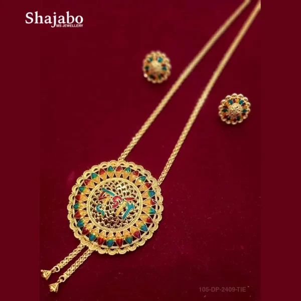 Gold Plated Graceful Multi Pendant Tie Chain Locket with Earrings